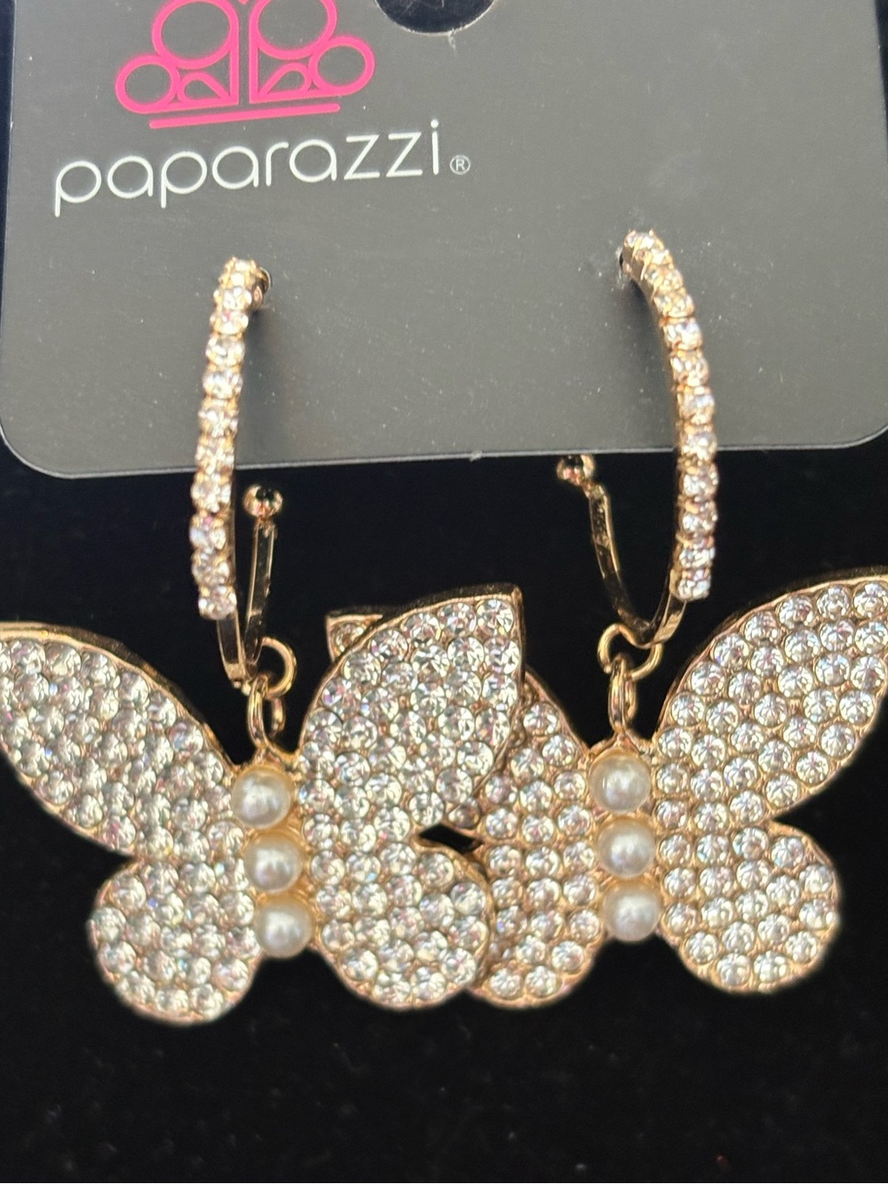 paparazzi Gold Crystal Butterfly Hoop Earrings with Pearls